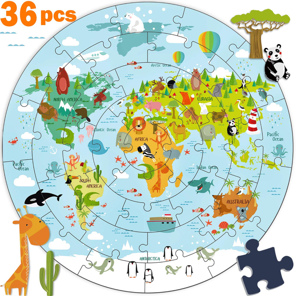 Wooden Round World Map Jigsaw Puzzle Educational Toys