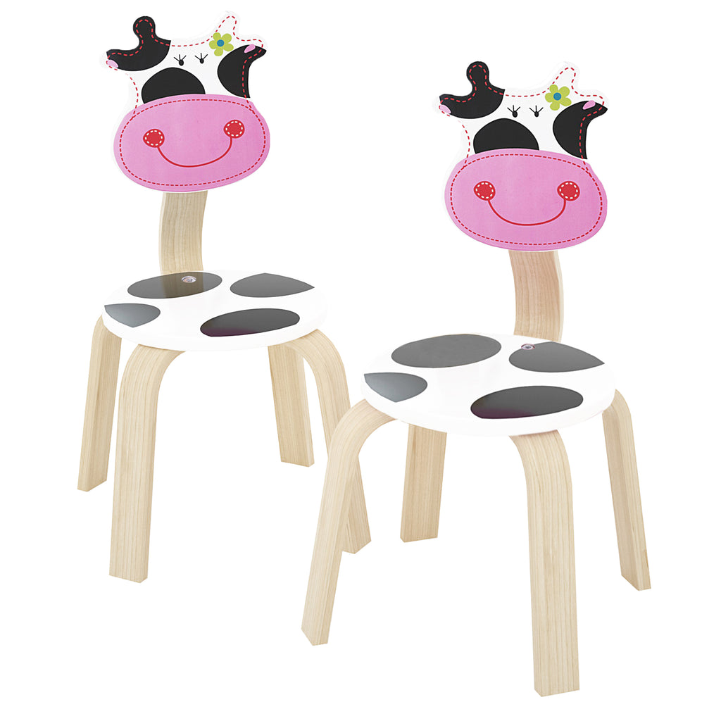 2 PCS 10 Inch Wooden Kids Cow Animal Chair Sets 